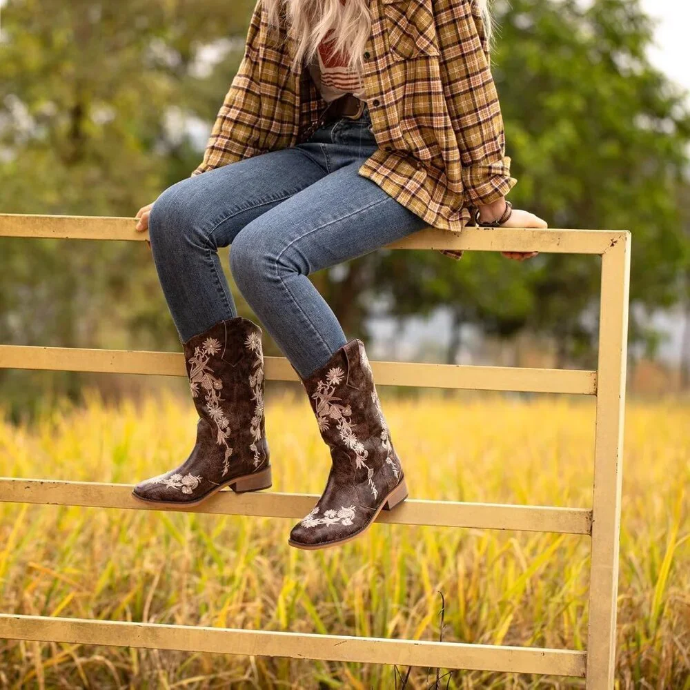 SheSole Womens Brown Ladies Cowgirl Boots Cowboy Mid Calf Square Toe - Picture 7 of 9